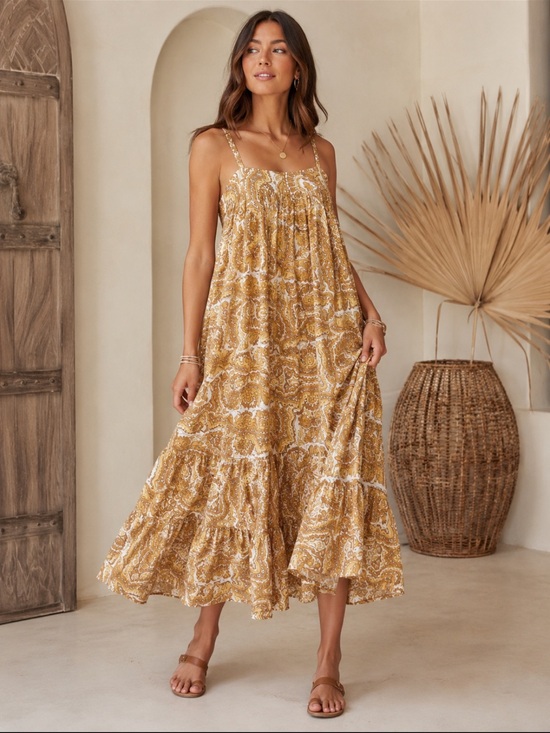 Dresses & Skirts - Pink Paprika 100% Cotton Paisley Boho Midi Dress Smocked Back Size S